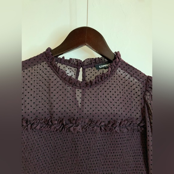 Express Polka Dot Smocked Peplum Top in Dark Purple - Picture 7 of 11